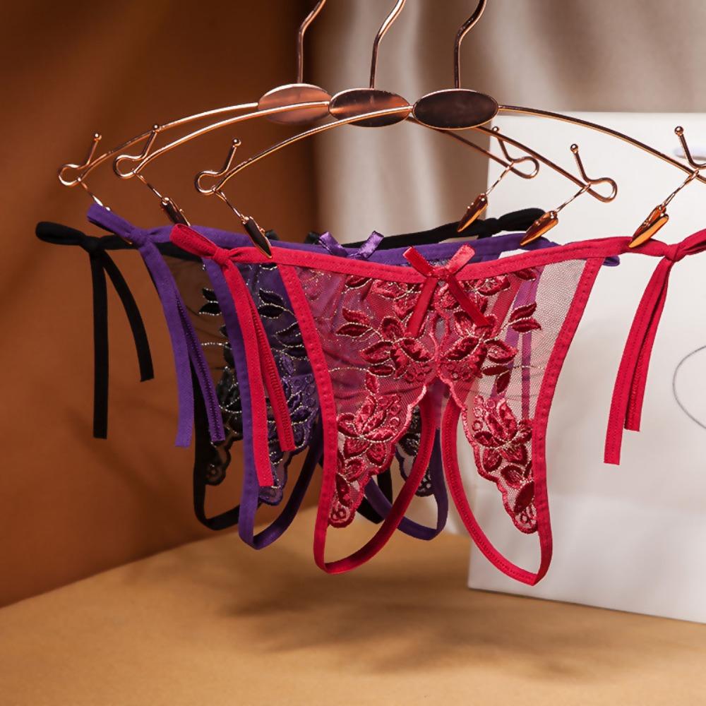 Sexy Lace-up Large-size Embroidered Panties, Ultra-thin and Hot Temptation Straps, Fun Open Crotch Free Thong Women 3039