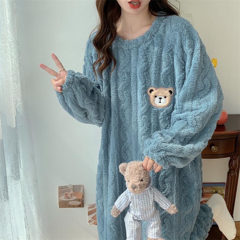 Pajamas for Women In Autumn and Winter Flannel Plus Velvet Long Sleeve Princess Style Loose Jacquard Coral Velvet Warm Home Clothing Set