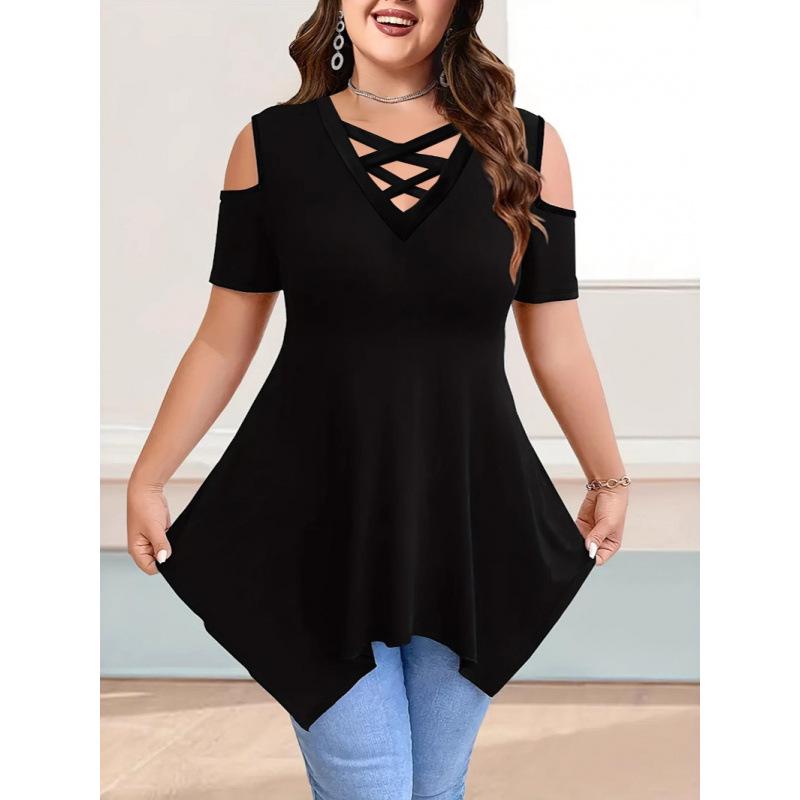 V-Neck Off-Shoulder Short Sleeve Crossover Strap Women s T-Shirt 5XL чёрный