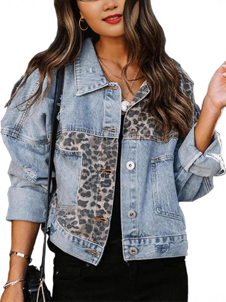 Women's Patchwork Leopard Print Denim Jacket 2026