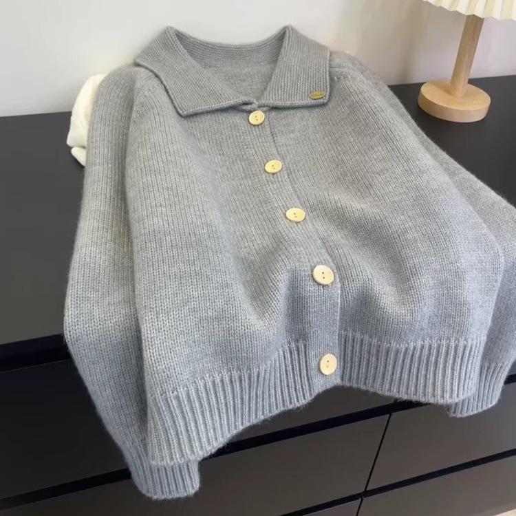 Women's Korean Style Wool Knit Cardigan - Thick Lapel, Loose Fit for Autumn & Winter