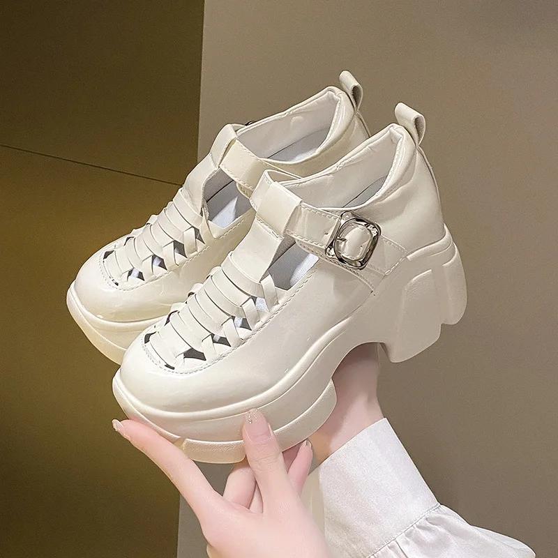 Fashion Women Patent Leather Chunky Sneakers Breathable Chain High Heels British Style Platform Casual Shoes Woman 7cm