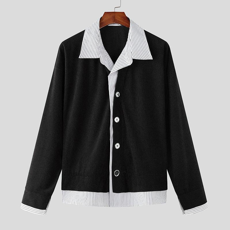 

INCERUN Весна Мужские рубашки с воротником-лацканами и длинным рукавом в полоску в стиле пэчворк на пуговицах Вельветовые топы S чёрный