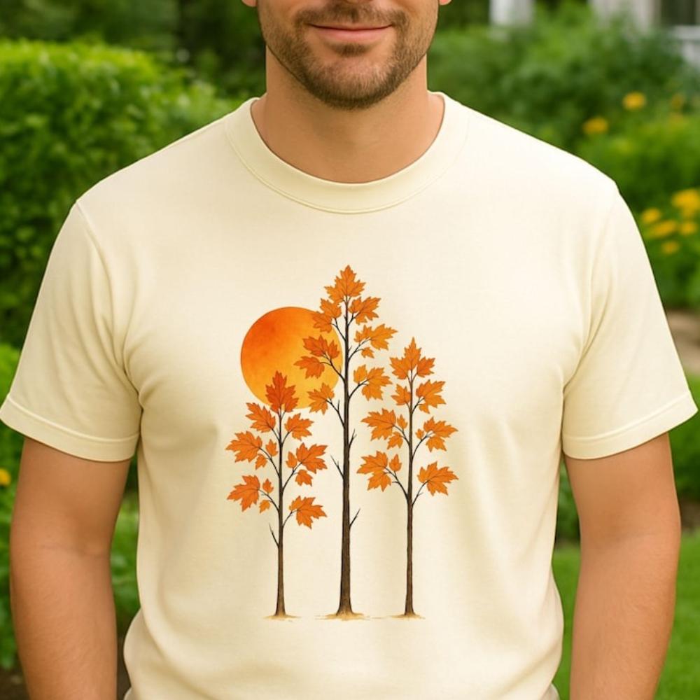 With Autumn Leaves Forest and Sunset TShirt Fall Nature Man Cotton Graphic T Shirts Vintage Aesthetic Unisex Shortsleev Tops