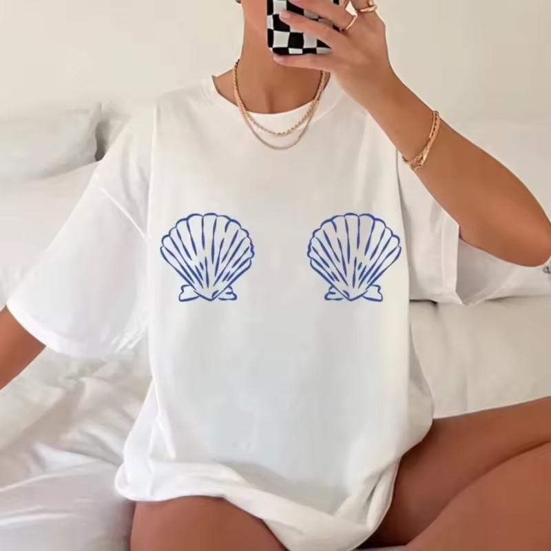 Women's Summer Top Double Shell Pattern T-shirt Women's Round Neck Short Sleeve T-shirt Top Y2k Top Graphic T Shirts Harajuku