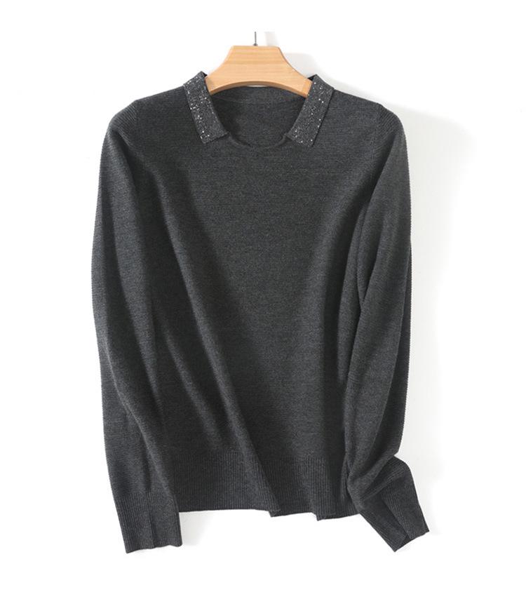 Small Lapel Fine Wool Knitted Pullover Sweater for Women - 2025 Autumn/Winter Collection, Solid Color, Loose Fit, Base Layer