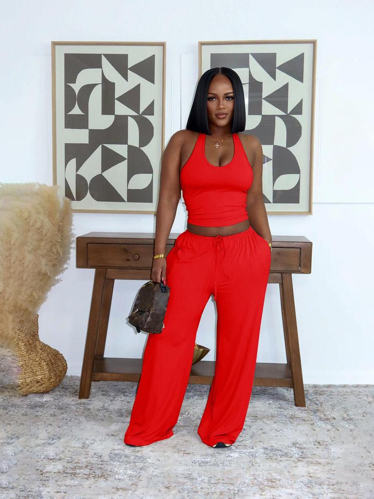 Women's Summer Solid Color Halter Top with High-Waisted Pocket Wide-Leg Pants