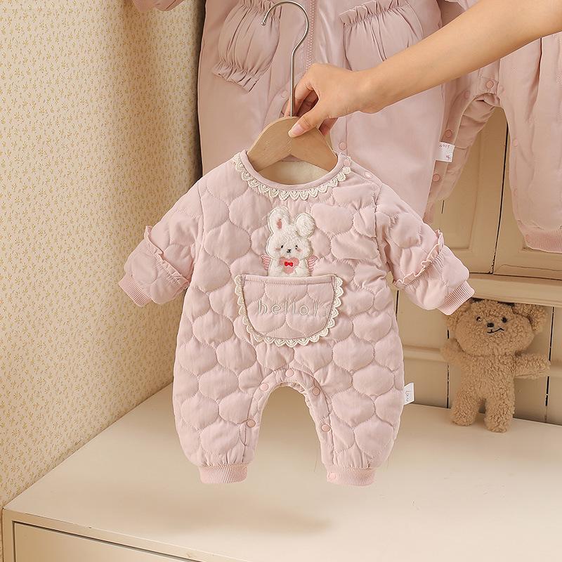 

Розовый карманный кролик, хлопковый ромпер с флисовой подкладкой для новорожденных девочек, теплая верхняя одежда для осени/зимы. 66cm