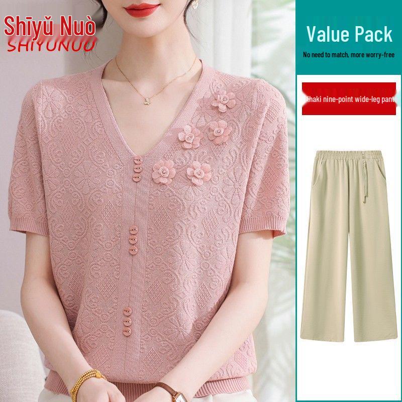 Summer 2026 Ice Silk Blouse: Fashionable Short-Sleeve for Middle-Aged and Elderly Women