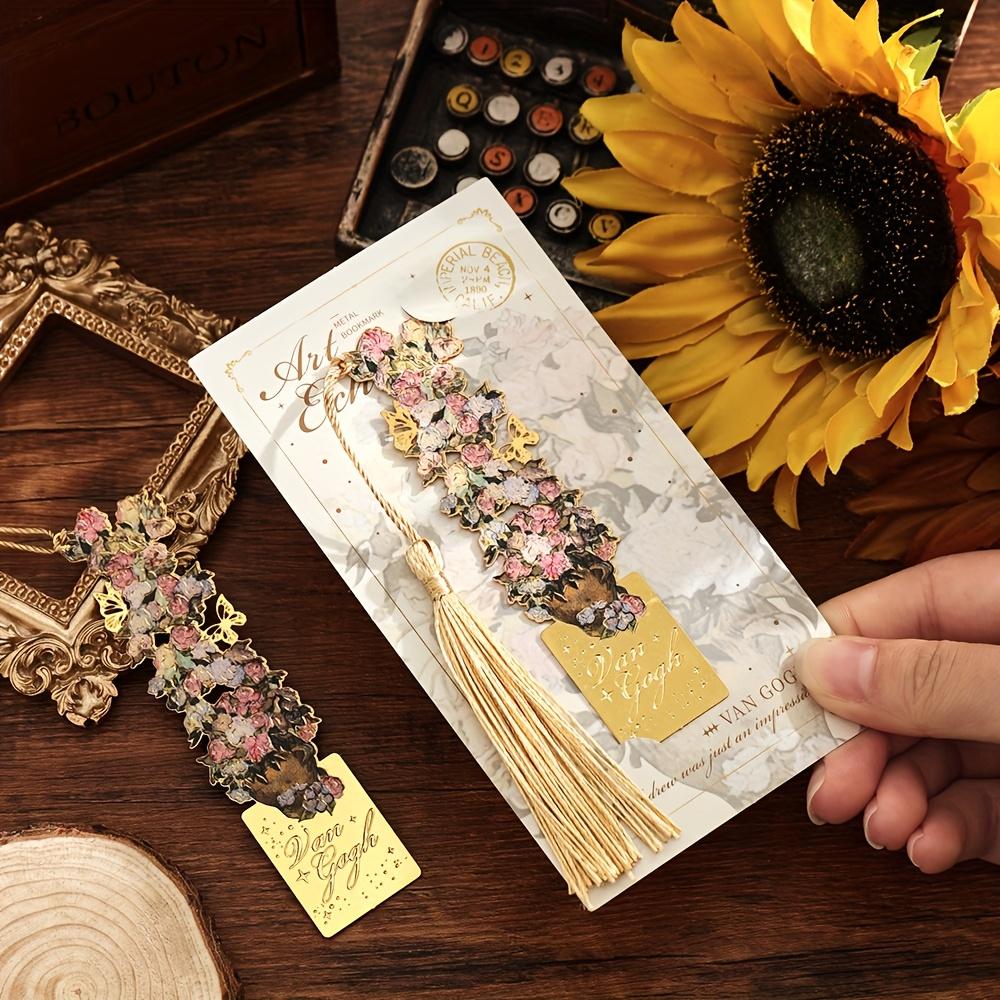 1pc Van Gogh Inspired Golden Hollow Metal Bookmark Artistic Oil Painting Design with Tassel, 8 Unique Window Shapes for Book Lovers