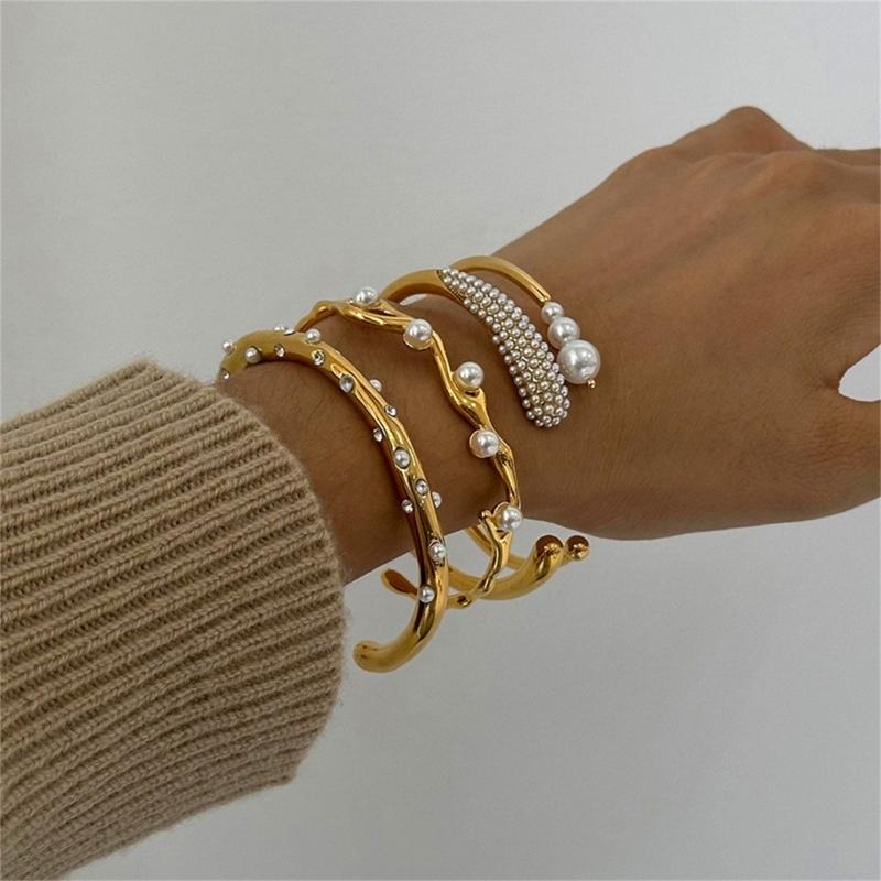Minimalists Pearls Accent Stainless Steel Adjustable Bangle for Everyday or Evening Wear
