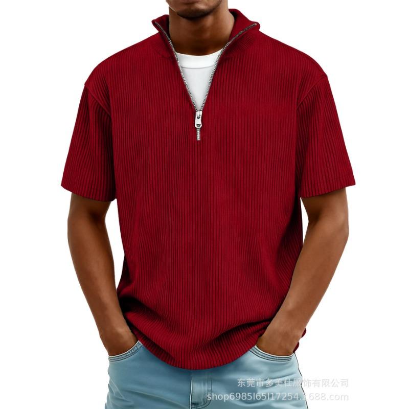 Summer New Men's Solid Color Zipper Striped Casual Short Sleeve T-Shirt