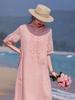 Women's Artistic Linen Dress, Summer 2026: Gentle Style, Age-Reducing, Ruffle Hem, Embroidered, Long Five-Point Sleeve.