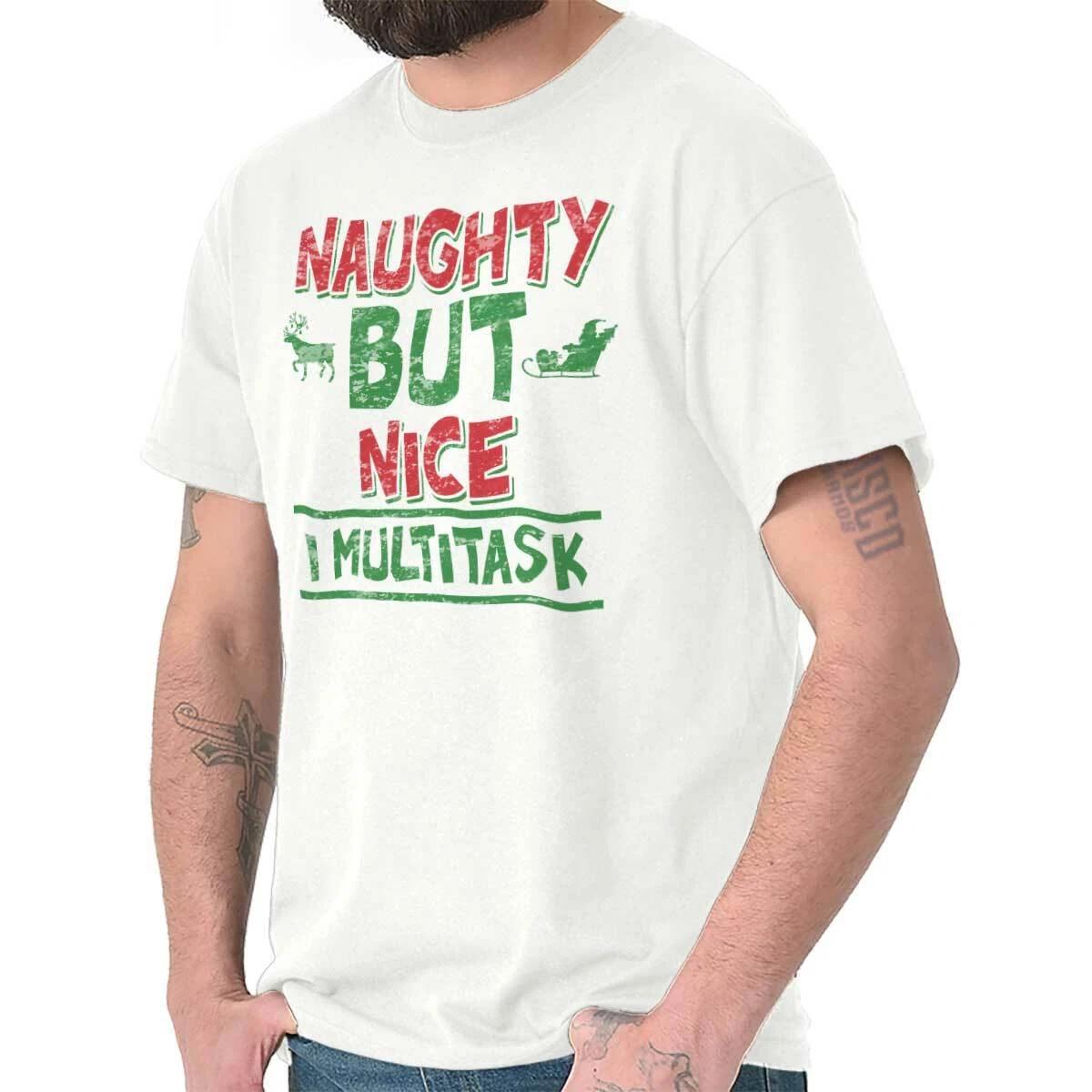 Naughty Nice Multitask Christmas Santa Claus Adult Short Sleeve Crewneck Tee XXXL