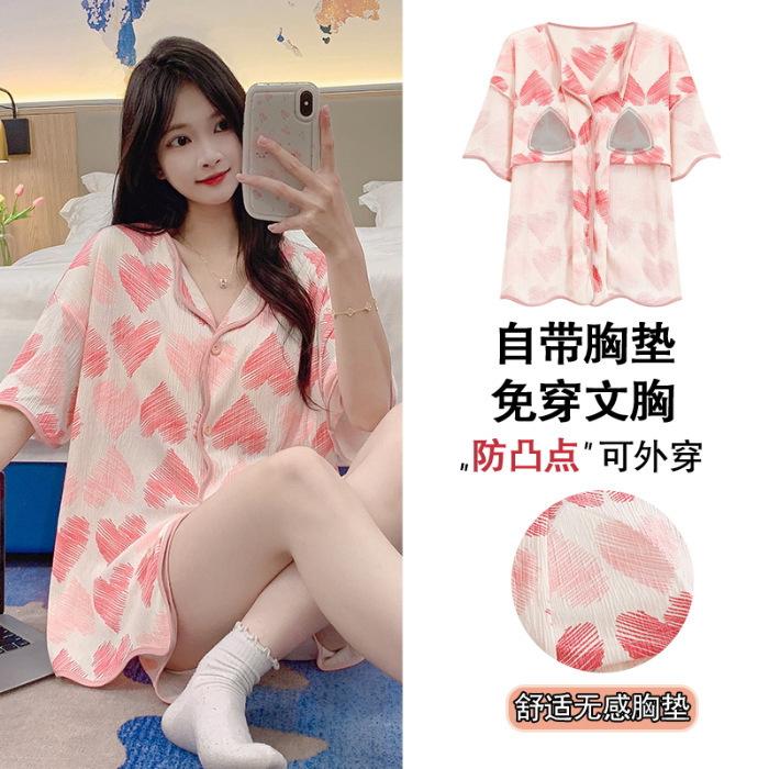 Kommt mit integriertem Brustpolster Pyjama Damen Cardigan Kurzarmshorts Sommer Cartoon Katze Loungewear