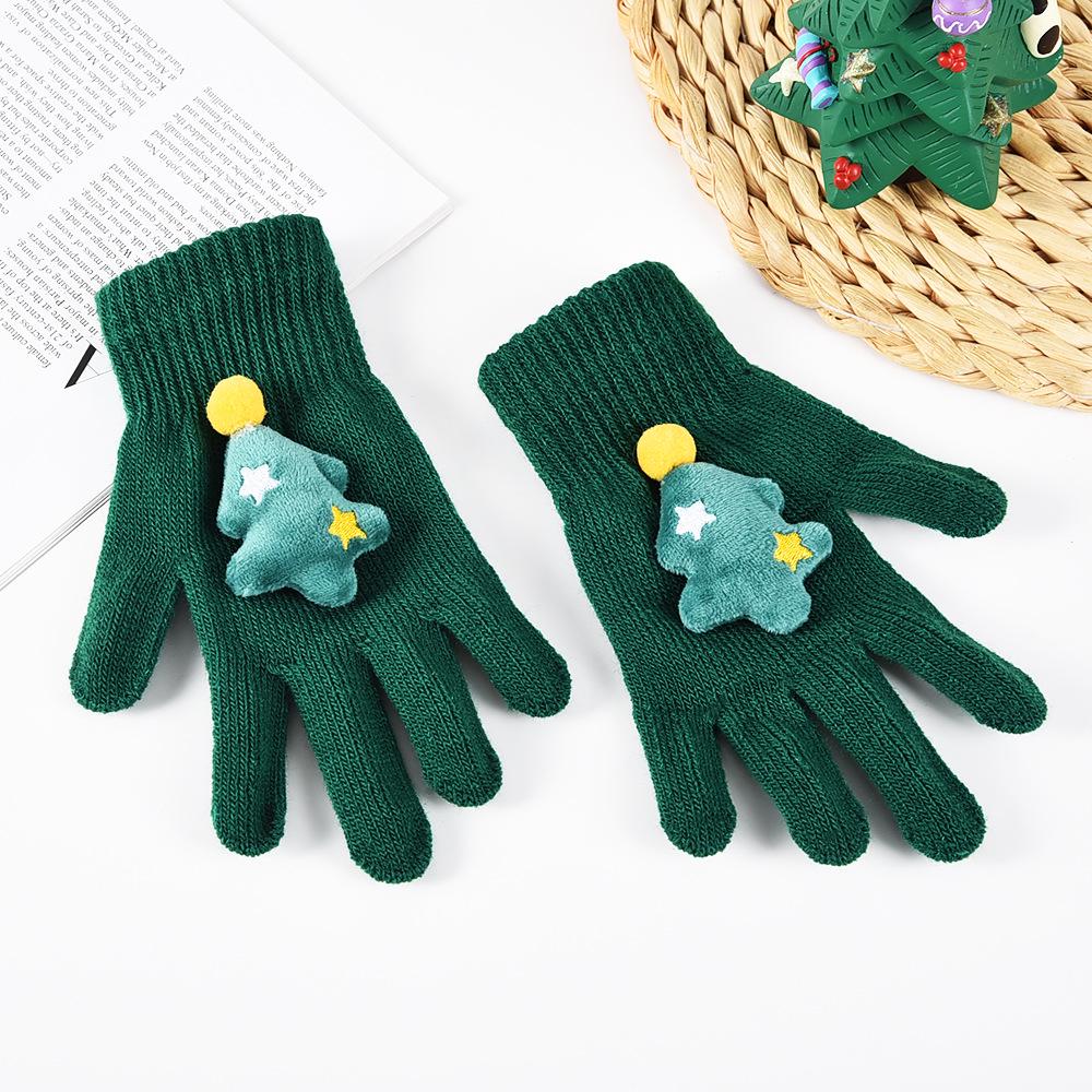 

Детские теплые вязаные варежки с раздельными пальцами - Дизайн «Рождественская елка и олень» One Size