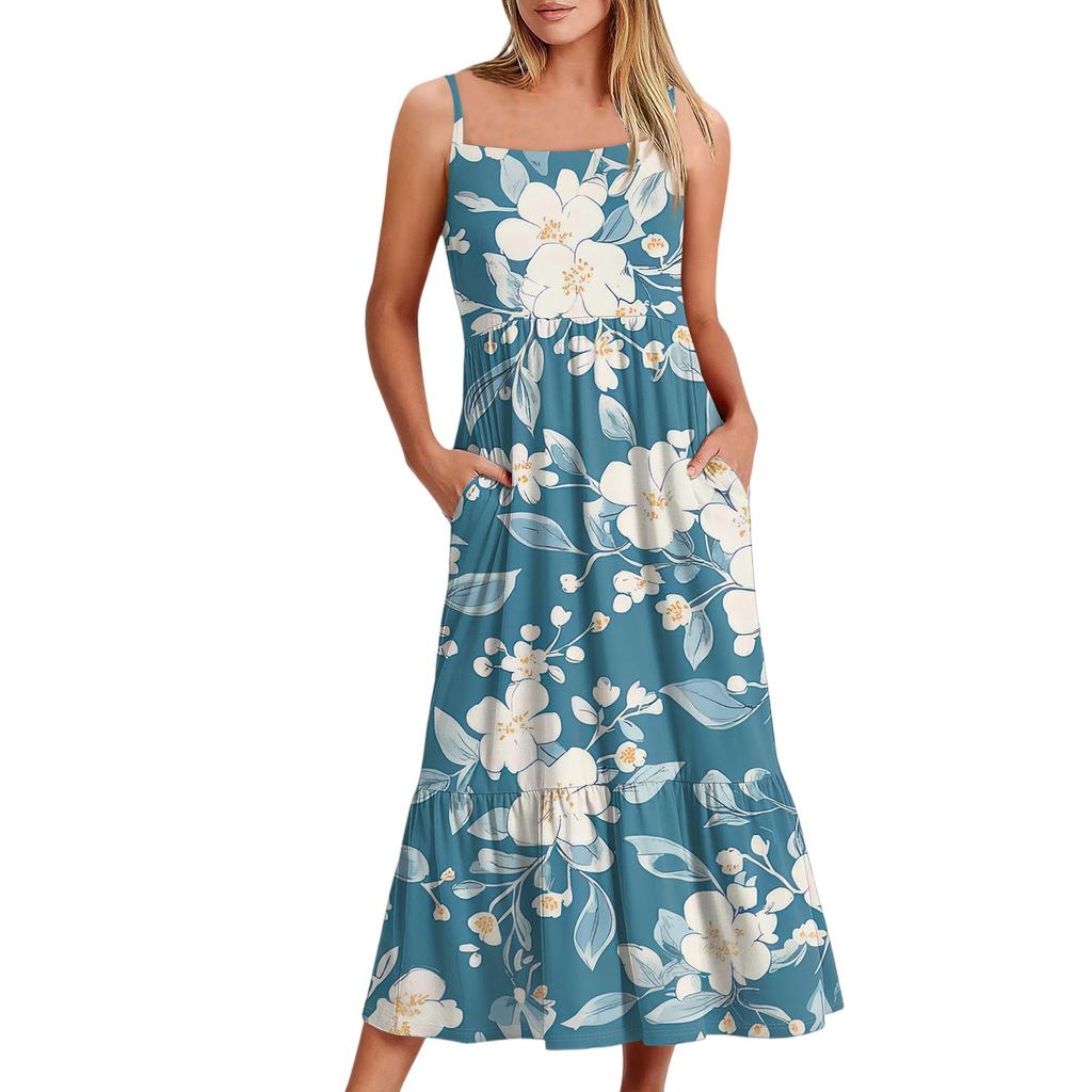 Damska Długa Plażowa Codzienna Elegancka Sukienka Maxi na Cienkich Ramiączkach, Szyta, Subtelna, Zwiewna Sukienka w Stylu Boho