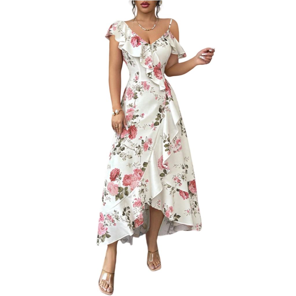 Women's V Neck Floral Print Ruffle Trim Midi Dress Sleeveless Summer Vacation Casual Elegant Dress for Outdoor Events