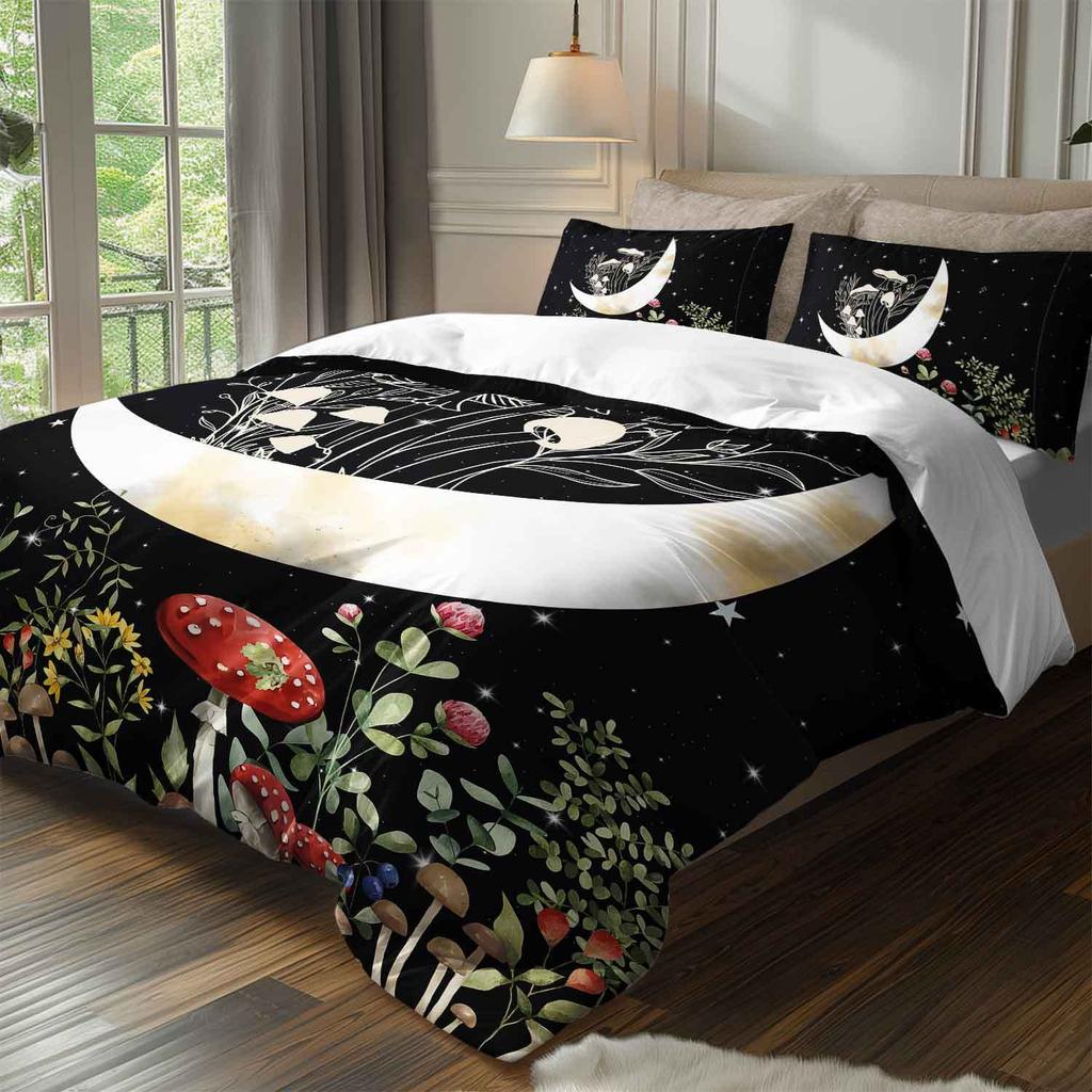 3pcs Moon and Mushroom Bedding Set Bohemian Night Garden Pattern Floral Themed Quilt Cover Set Dark Aesthetic Bedroom Decor