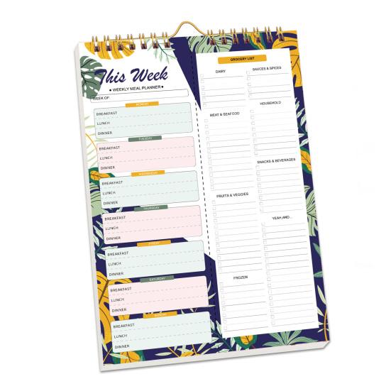 52týdenní odtrhávací jídelní plánovač, spirálová vazba, odnímatelný nákupní seznam, nedatovaný blok pro plánování menu do kuchyně
