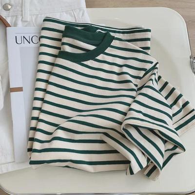 Damen Retro Weiß und Grün Gestreiftes Kurzarm-Baumwoll-T-Shirt - Lockeres, Slim Fit Sommertop