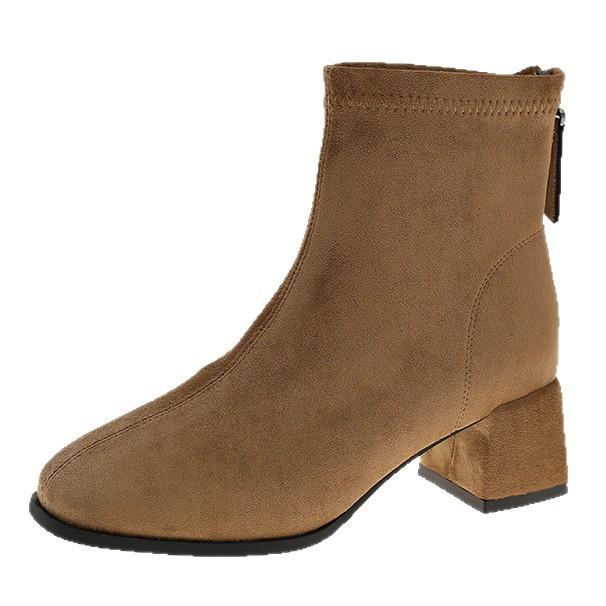 High-heeled brown Martin boots for women's 2025 spring and autumn new super-fire elastic thin boots French thick-heeled small short boots