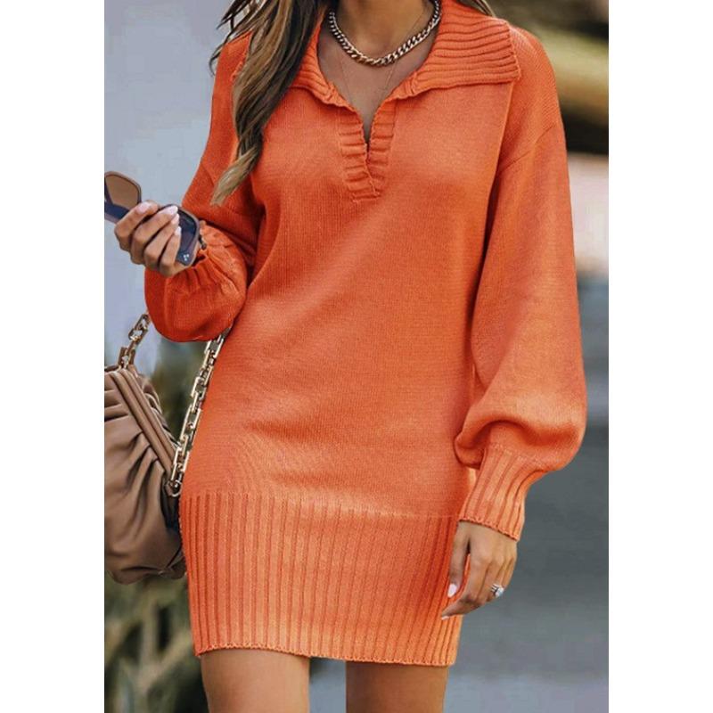 GMXIA Dámský svetr Dámské svetrové šaty střední délky s klopou Lucernové rukávy Pletené Jednobarevné Dlouhá sukně