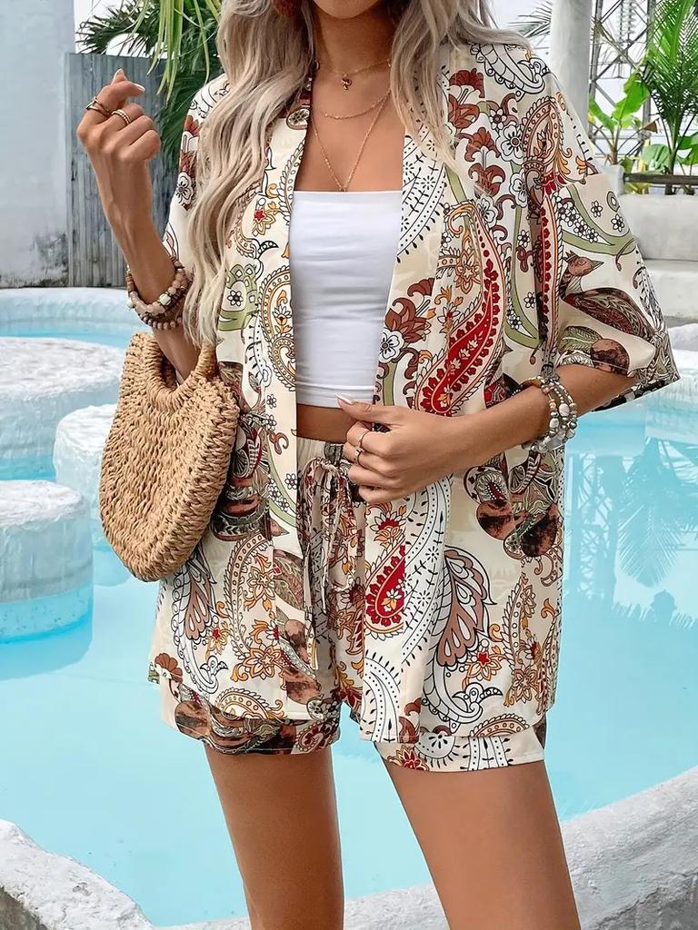 Summer popular printing elegant two-piece shirt short-sleeved top strap-up high-waisted shorts vacation style