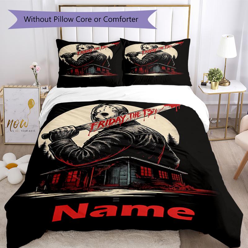 3pcs Custom Name Friday the 13th Bedding Set Duvet Cover Closure Includes 1 Duvet Cover & 2 Pillowcases, Soft and Comfortable for All Seasons.
