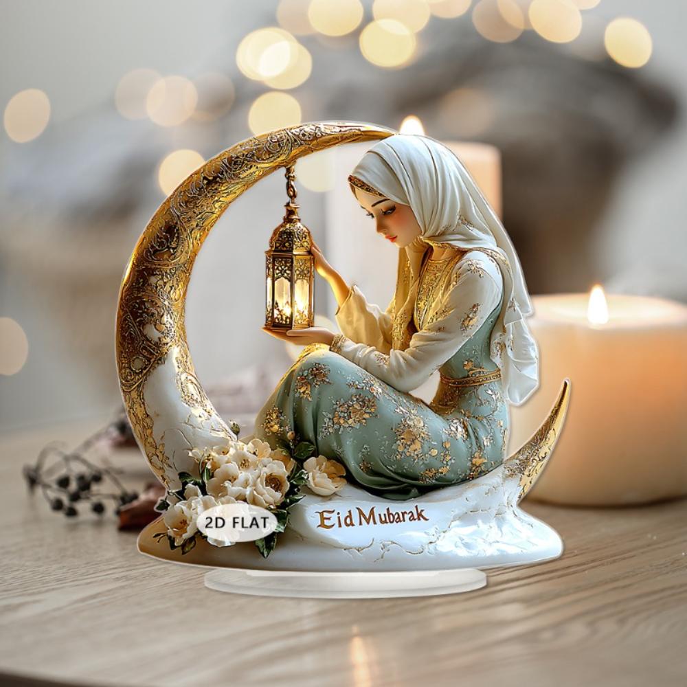 Flat Acrylic Exquisite Decor, White & Gold Moon Boat with Flowers & Lantern, Light Luxury Ornament for Office Bookshelf, Modern Art Gift for Festivals