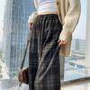 Women's Retro High-Waist Wool Plaid Pants - Contrast Color, Wide-Leg, Floor-Length, Velvet-Lined for Autumn/Winter 2024