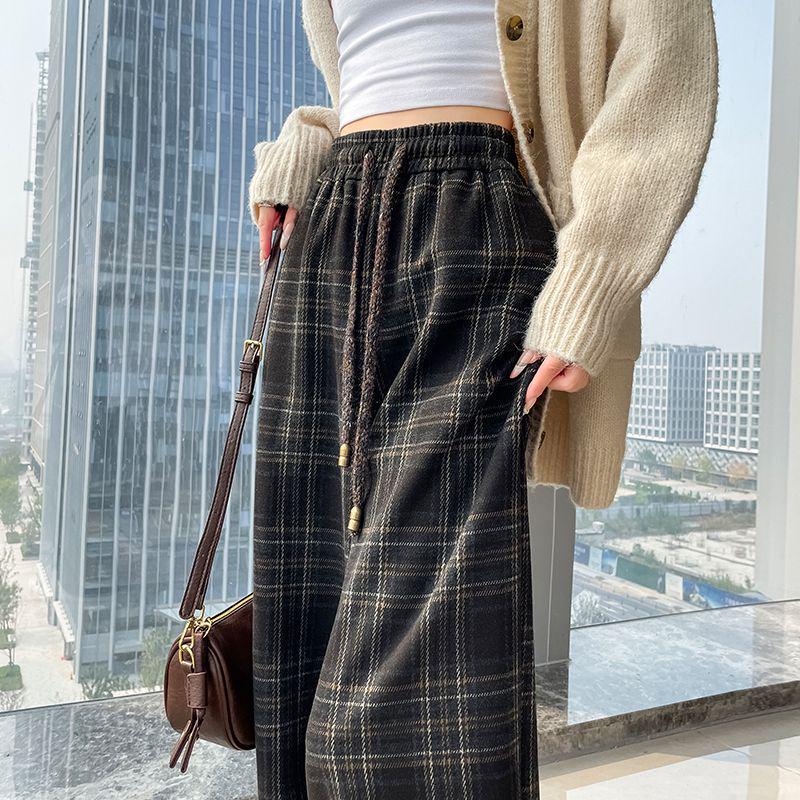 Women's Retro High-Waist Wool Plaid Pants - Contrast Color, Wide-Leg, Floor-Length, Velvet-Lined for Autumn/Winter 2024