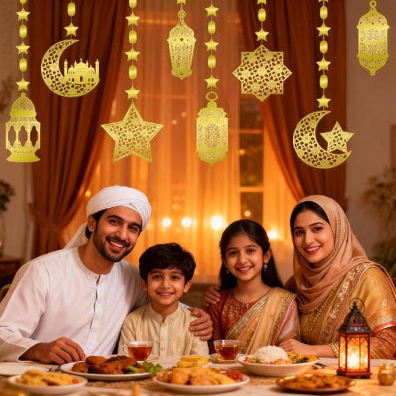 8 Pieces Ramadan Decoration, Eid Mubarak Gold Garland Pendant Decor Set, Ramadan Islam Living Room Garland Window Wall Hanging Decorations