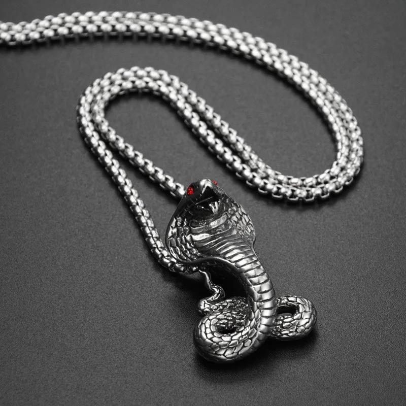 

Hip Hop Titanium Steel Gothic Punk Retro Red Eyed Snake Pendant Necklace Men s Domineering Rock Party Jewelry 60CM
