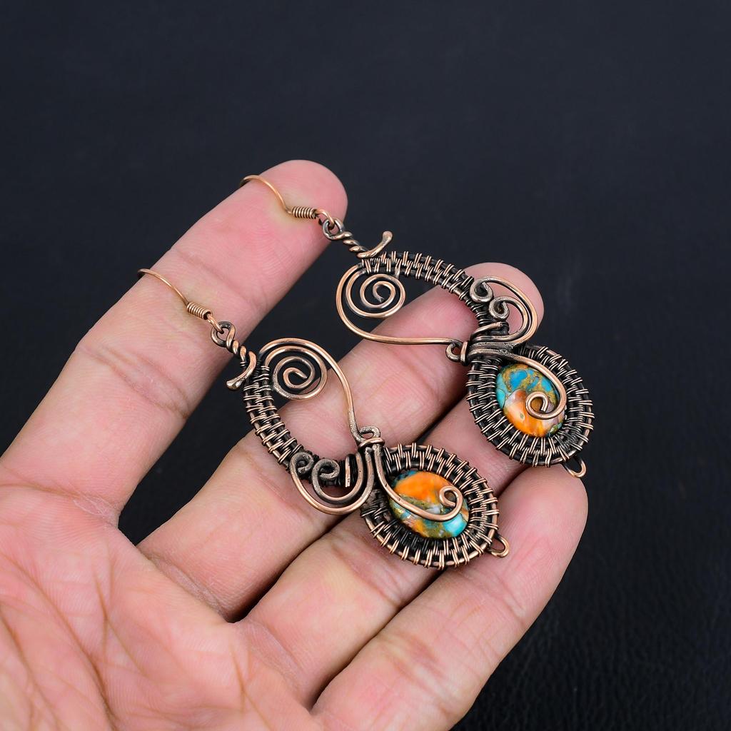 Orange Spiny Oyster Earrings, 999 Copper Wire Wrapped Earrings, Handmade Gemstone Jewelry Earrings For Memorial Day