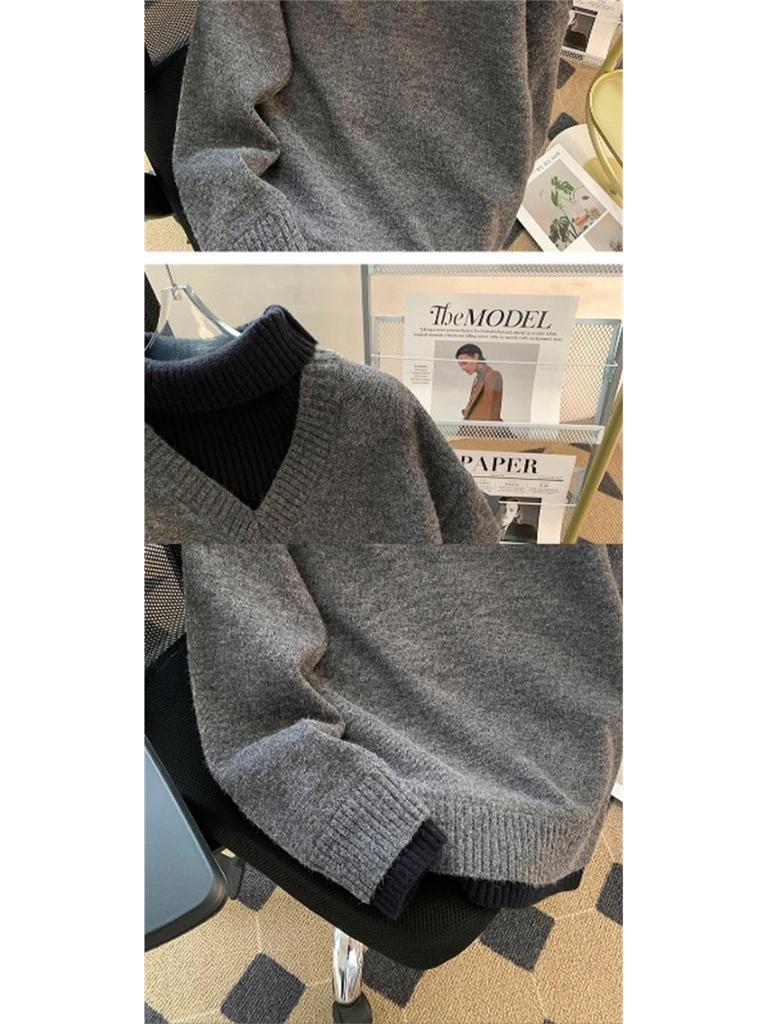 Men's Korean-Style High-Collar Knitwear: Loose Solid Color, Elegant Two-Piece Look, Versatile Winter Pullover