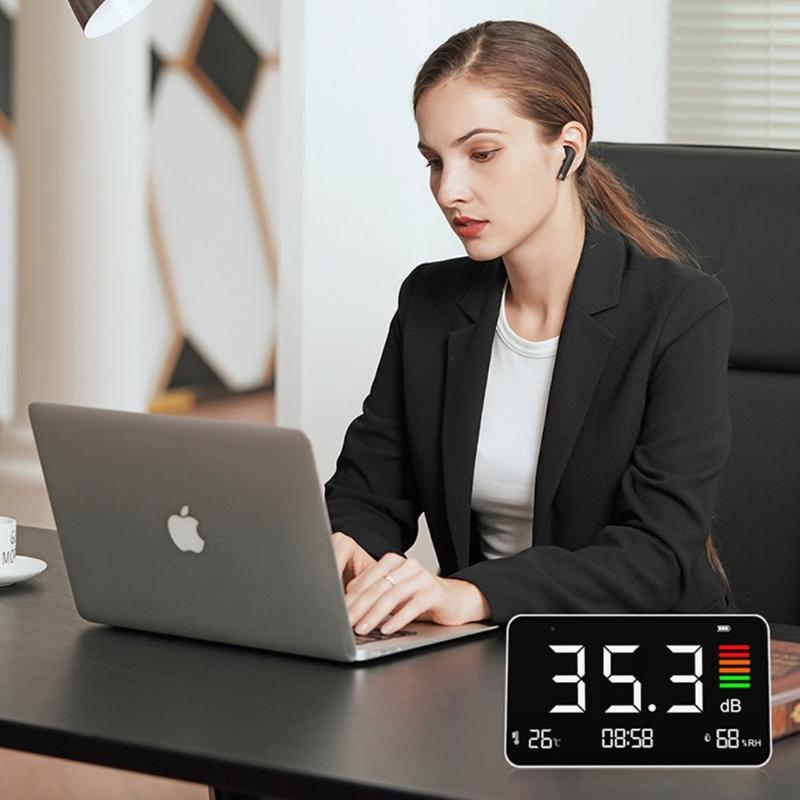 SPL Noise Tester Rechargeable Decibel Meter Desktop Digital Sound Level Meter with Time Temperature and Humidity Display