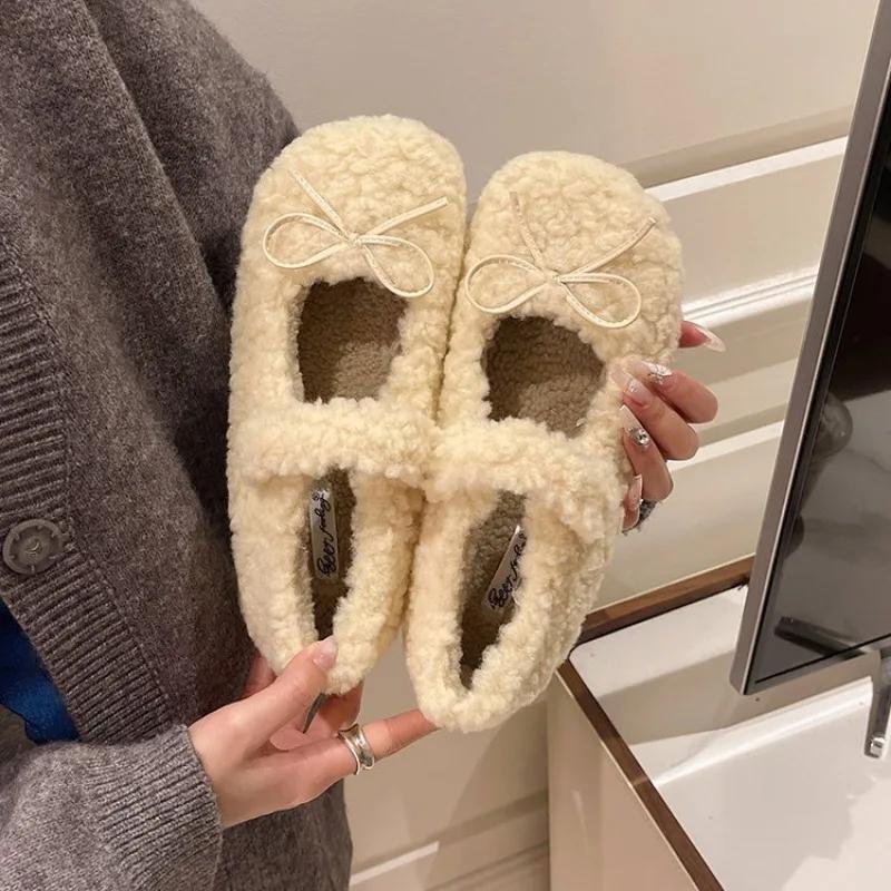 Fashion Elegant Autumn Winter Ballet Loafer Flat Shoes Women Female  Flats Loafers Fur Round Toe Ladies Brand Design Teddy Outdoor Shoes
