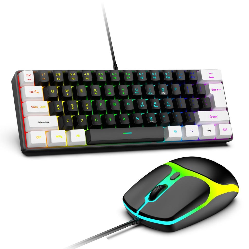 61-Key RGB Wired Gaming Keyboard & Mouse Set, Non-mechanical Membrane, Black & White, with Seven-Color Mini Backlight