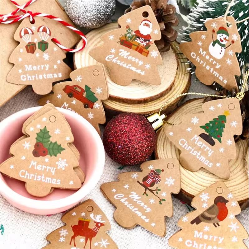 48pcs Merry Christmas Kraft Paper Tags Xmas Tree Hanging Label Navidad New Year Party Gift Card Christmas Party Decor for Home