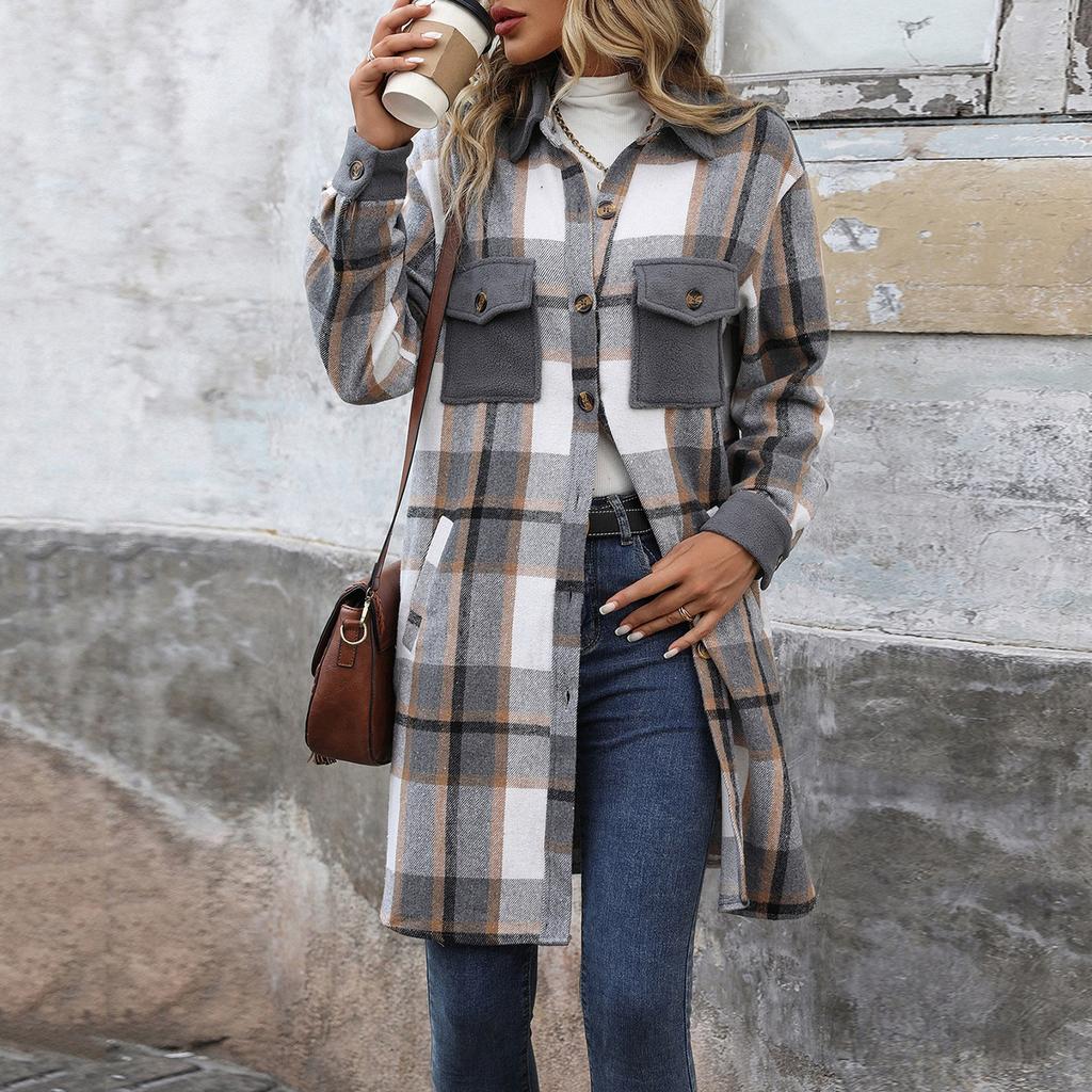 Women's Fashion Casual Long Sleeve Plaid Button With Pocket Jacket
