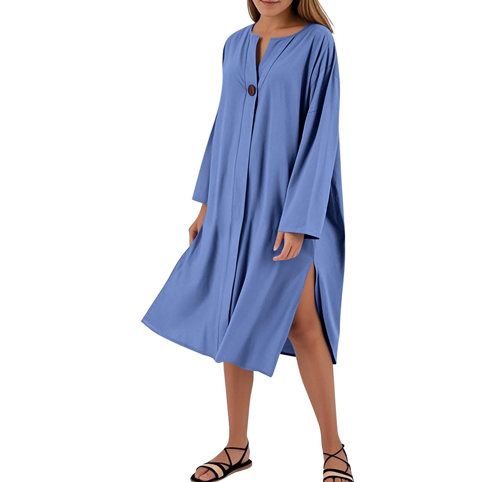 

Women s Dresses Loose Casual Solid Color V-Neck Button Long Dresses M