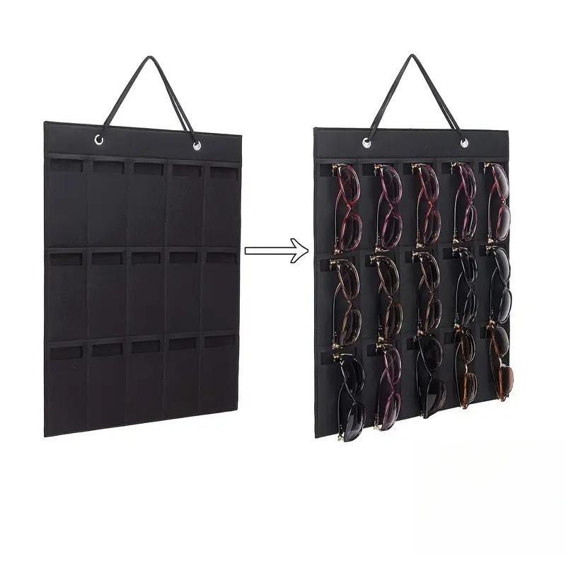 Wall Mounted Foldable Eyeglasses and Sunglasses Storage Organizer with 15 Slots, Rectangular Space Saving Hanging Bag for Home