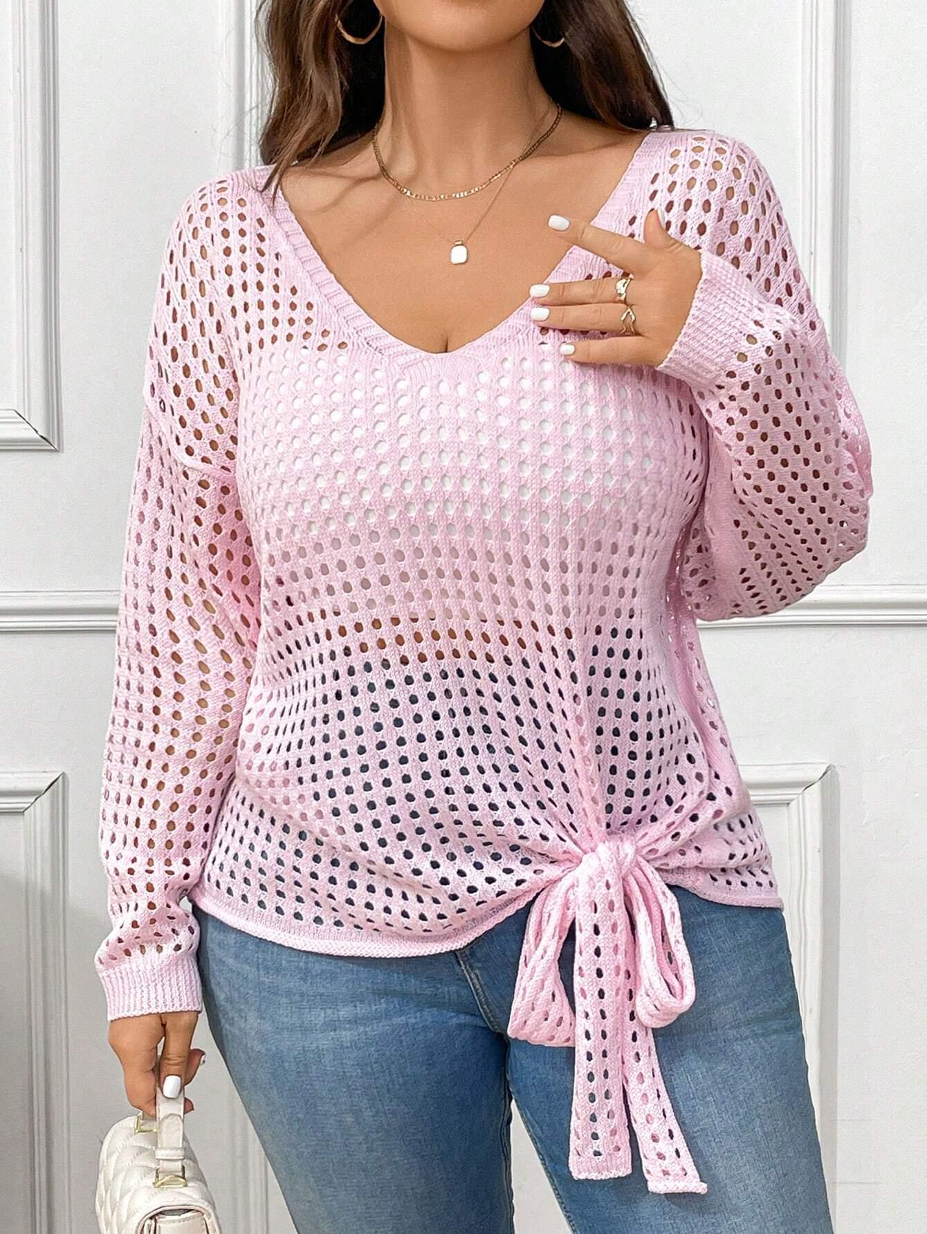 

Women s Plus Size V-Neck Sun Protection Knit Sweater with Bow Tie and Long Sleeves XL розовый