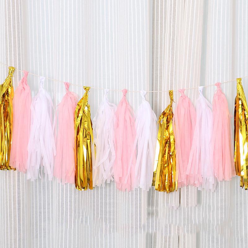 20pcs/Set Multicolor Shiny Tassel Garland Tissue Paper Tassel Banner Table Decor Tassels Ribbon Party Decorations Supplies Xmas