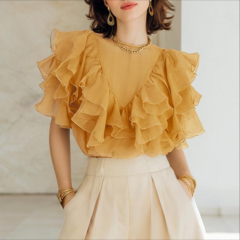 ZANZEA Damen Sommer Casual Kurzarm Durchsichtige Rüschen Überwurf Bluse