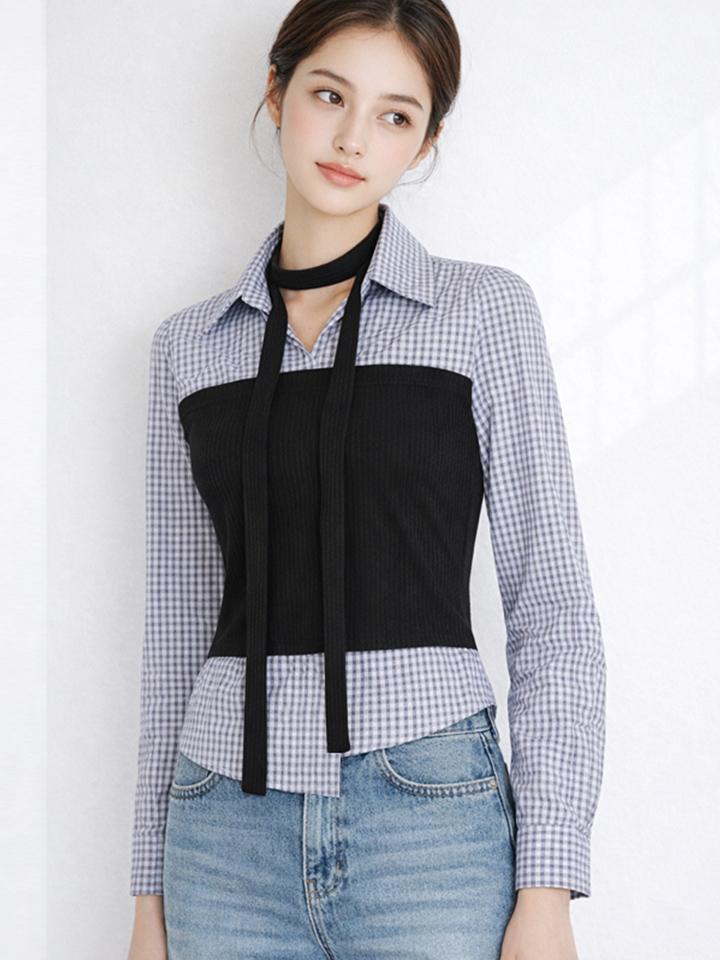 SELLY'S Tie-Top Layered Check Blouse_I6A-Cbl018