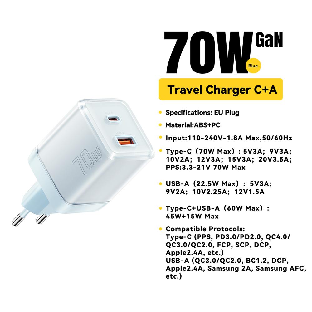 70W GaN Ladegerät PD Laden USB Typ C Ladegerät Unterstützt PD QC PPS Tragbares Schnellladegerät Für iPhone 15 14 13 Laptop-Ladegerät