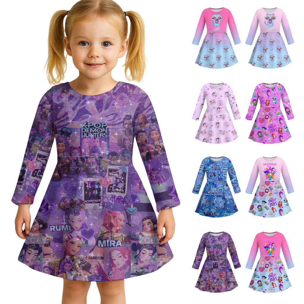 Kids Girls Casual Daily Dress Cute Cartoon Print Long Sleeves Dance Wear Princess Dress  2-12 Years