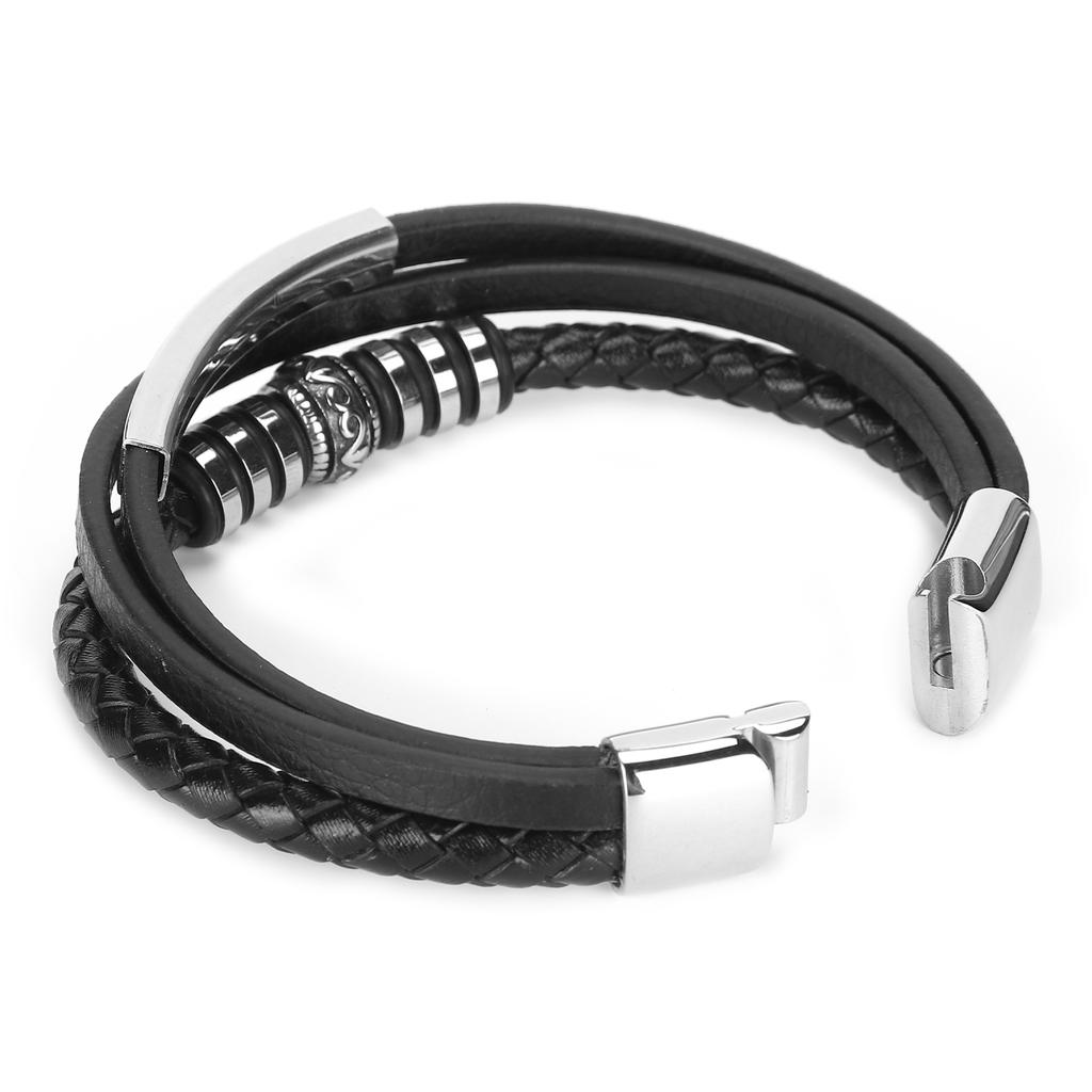 Men"s PU Leather Black Stainless Steel Wrist Band Cuff Bangle Bracelet Magnetic Clasp